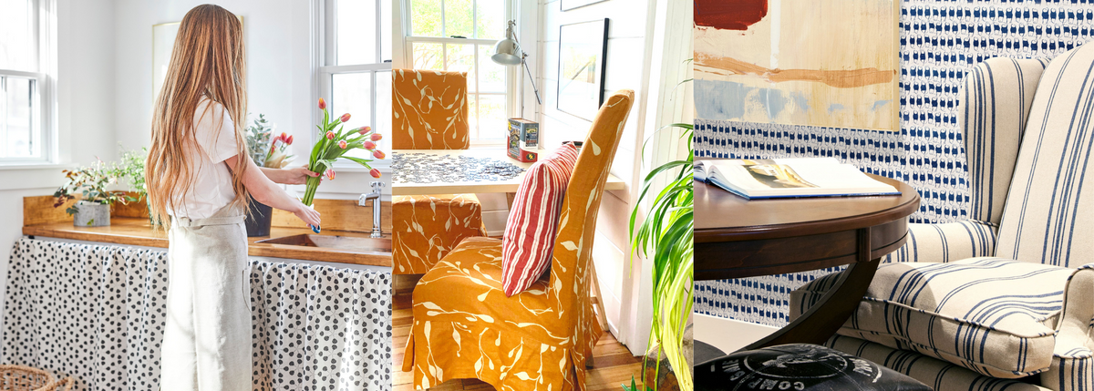 Golden orange seaweed print slipcovered chair in a coastal home puzzle room