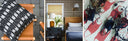 A collage of three photos featuring a black inverse Mermaid's Purse pillow, a bedroom with Mermaid's Purse wallpaper and lumbar pillow in navy, and a scene of mermaid's purse washashores sitting atop red mermaid's purse printed linen.
