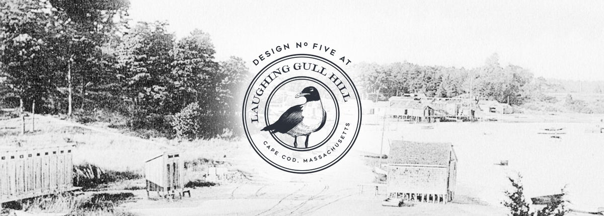The Laughing Gull Hill Logo is overlayed on a vintage picture of Cotuit Harbor.