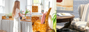 Golden orange seaweed print slipcovered chair in a coastal home puzzle room