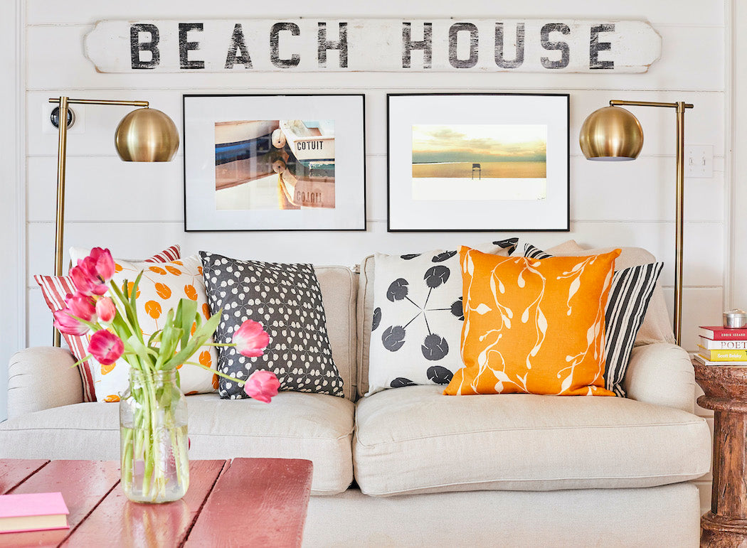 Hand-sketched beach wash-ashores brought to life on 100% Belgian Linen Pillows. Featuring painerly stripe, horsehoecrab and seaweed patterns. Adding colorful coastal pillows makes for easy seasonal decor changes.